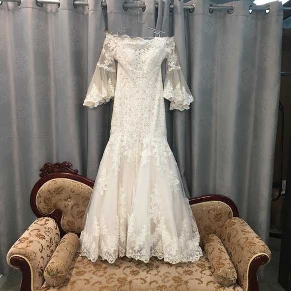 NWT Poet Sleeve Lace Blush/Ivory Wedding Dress - Picture 12 of 16